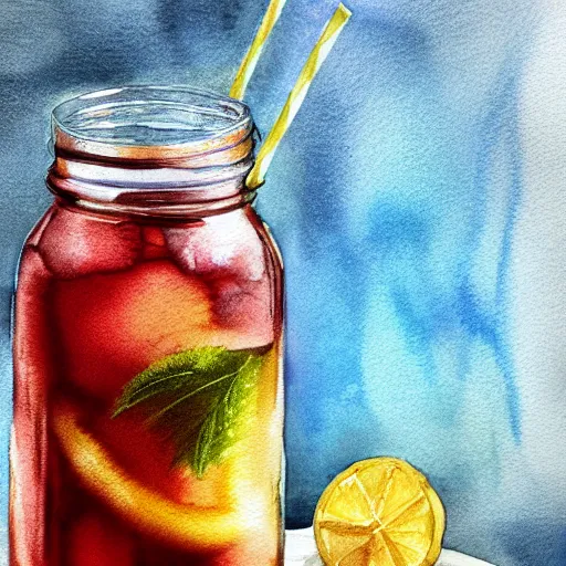 Prompt: Ice Tea in a mason jar, Watercolor, photorealistic, high resolution, award winning, trending on artstation