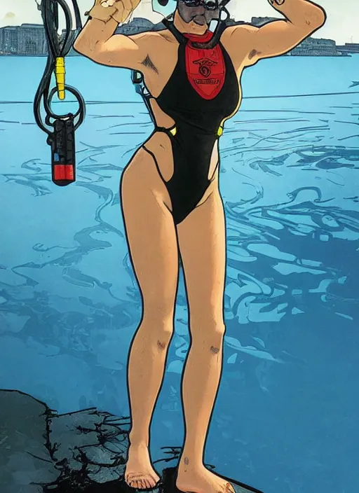 Image similar to cyberpunk beach lifeguard. swimsuit. portrait by ashley wood and alphonse mucha and laurie greasley and josan gonzalez and james gurney. splinter cell, apex legends, rb 6 s, hl 2, d & d, cyberpunk 2 0 7 7. realistic face. character clothing. vivid color. dystopian setting.