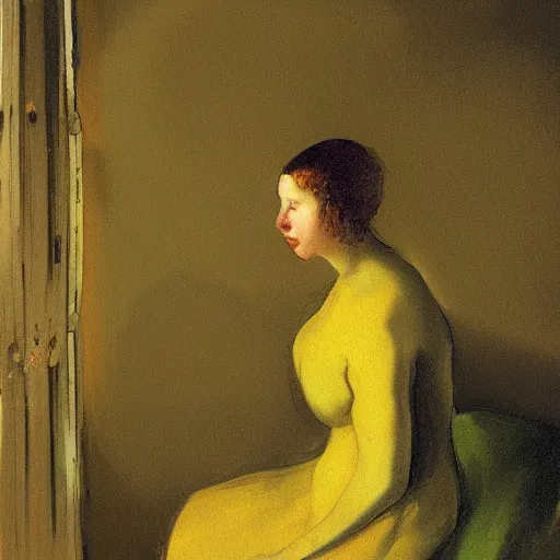 Prompt: a girl in a gold haunted liminal room, digital painting by goya, colors by pontormo, lights by hopper, extreme detail, liminal aesthetic, background art nouveau