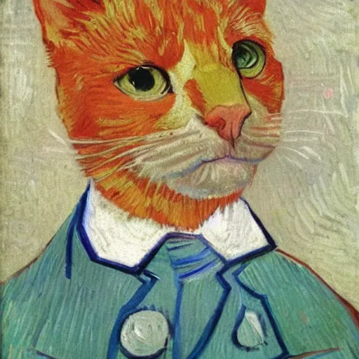 Image similar to a portrait of a ginger orange cat, wearing a light blue suit, by Vincent Van Gogh