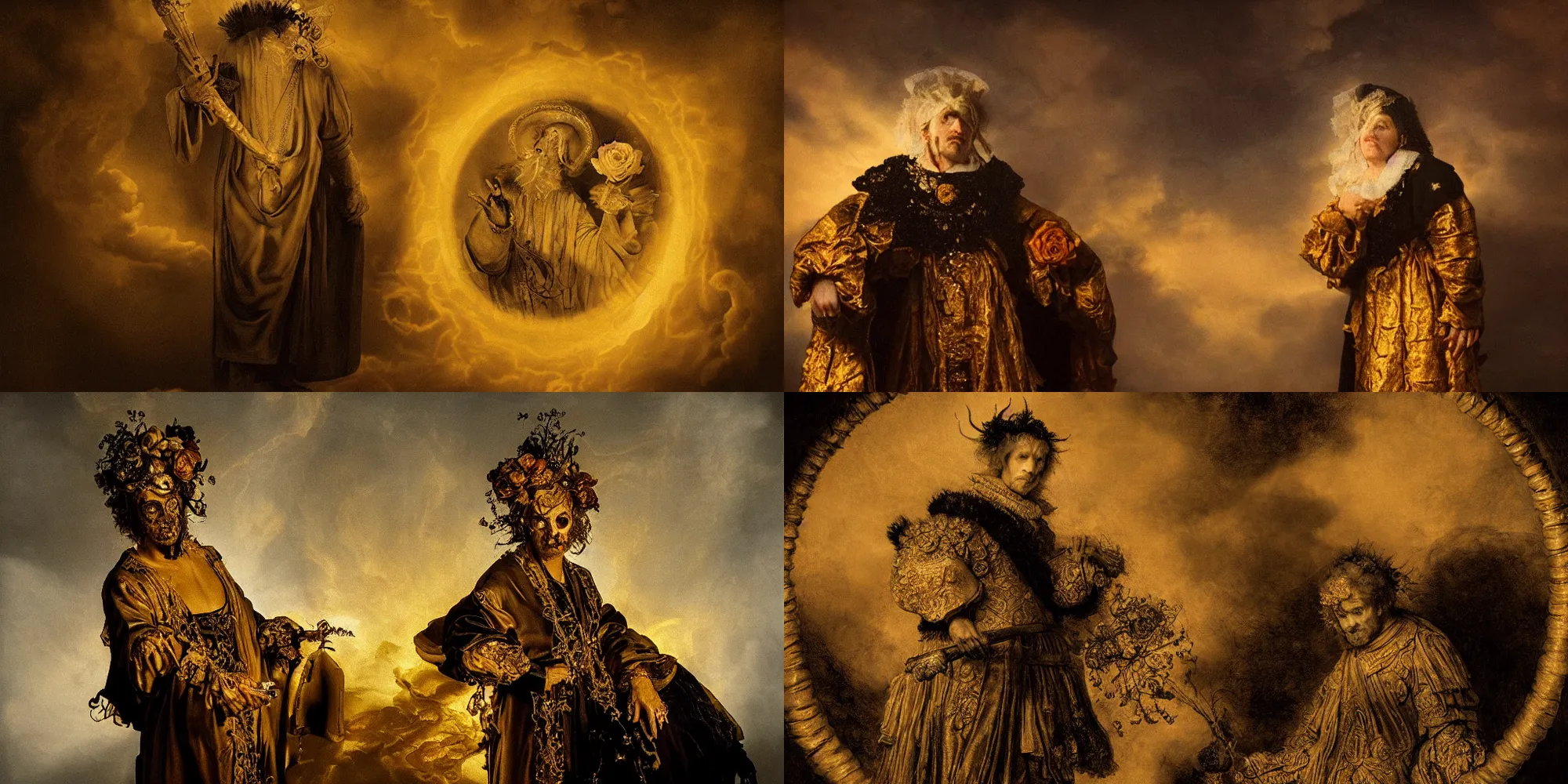 Prompt: rembrandt style golden saint zombie character wearing white and black victorian robe with an aureola made of golden cactae over the head and holding a rose, with warm backlight. whirlpool of clouds forming an angelic circle in the background. sunset light. beneath there's a barren land with serpents. apocalyptic. low angle.