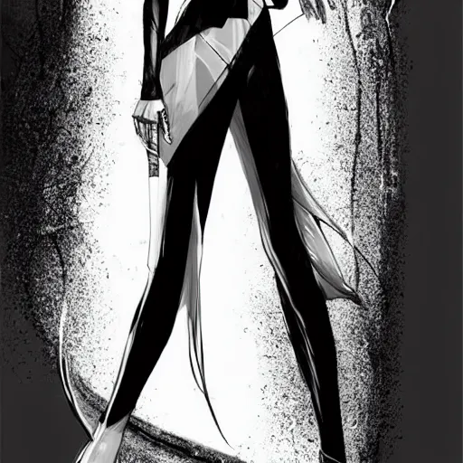 Prompt: slim beautiful killer girl in tuxedo with short black hair, elegant, 2d, ultra highly detailed, digital painting, smooth, sharp focus, artstation, black and white art by Tsutomu Nihei