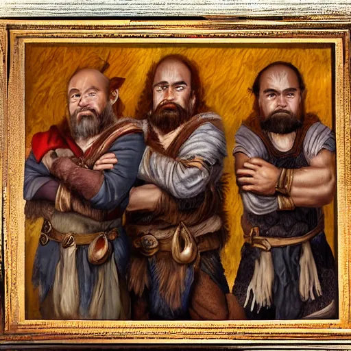 Prompt: Realistic portrait of 3 Dwarf Brothers, Dungeons and Dragons, posed