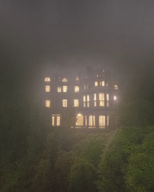 Image similar to a wide angle low photo of a colossal ghostly victorian mansion on the edge of a cliff above a misty forest at night, volumetric light, epic proportions, ultradetailed, 8 k