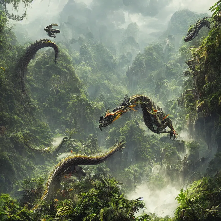 Image similar to hyperrealistic matte painting of futuristic robot quetzalcoatl, dragon, feathered dragon, flying above the jungle by eddie mendoza, beeple, 4 k, trending on cgsociety