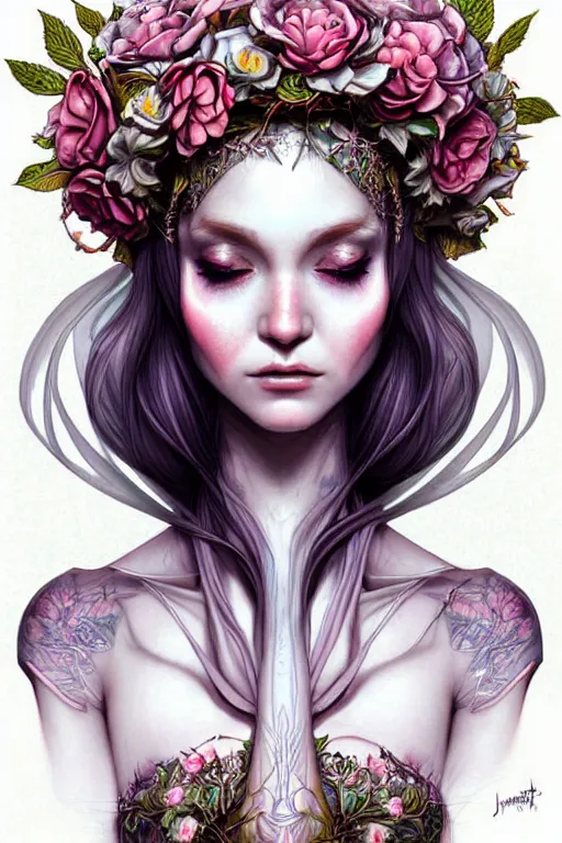 Image similar to digital art, centered elven bride, flower crown ,intricate, veins, by James Jean and by artgerm , ultradetailed, charachter design, concept art, trending on artstation,