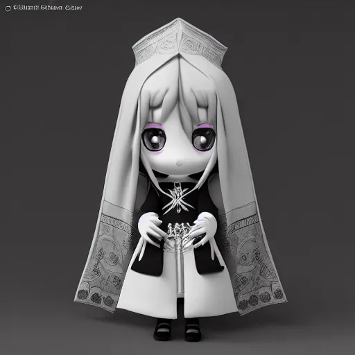 Image similar to cute fumo plush of the priestess of the cathedral of the ancient ones, dark ritual maiden, black and white, vray