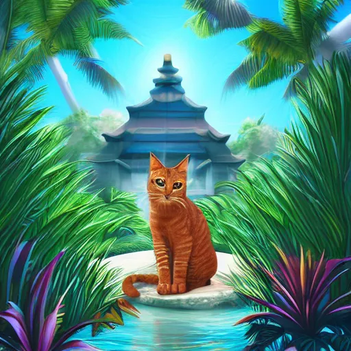 Prompt: Tropical Island Temple Cats, Digital Drawing, Trending on Artstation