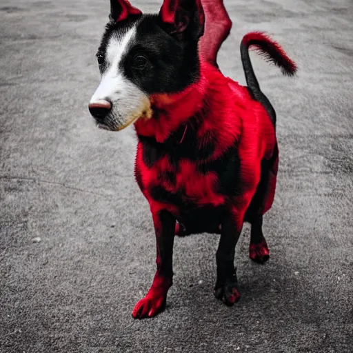 Image similar to ultra detailed photo of a demonic dog with red fur