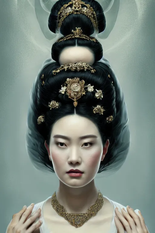 Image similar to a beautiful empress portrait, with a brilliant, impossible striking big hairstyle black hair, clothes white robes, everything hair, symmetrical, dramatic studio lighting, rococo, baroque, greens, asian, hyperrealism, closeup, D&D, fantasy, intricate, elegant, highly detailed, digital painting, artstation, octane render, 8k, concept art, matte, sharp focus, illustration, art by Artgerm and Greg Rutkowski and Alphonse Mucha