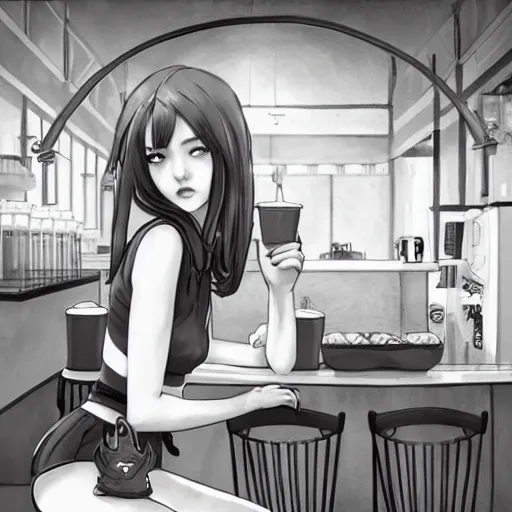 Prompt: lofi girl in the cafe, stylized, artgerm, artstation, hd, cgsociety, cgi, realistic, dramatic, cinematic, artistic, trending, detailed