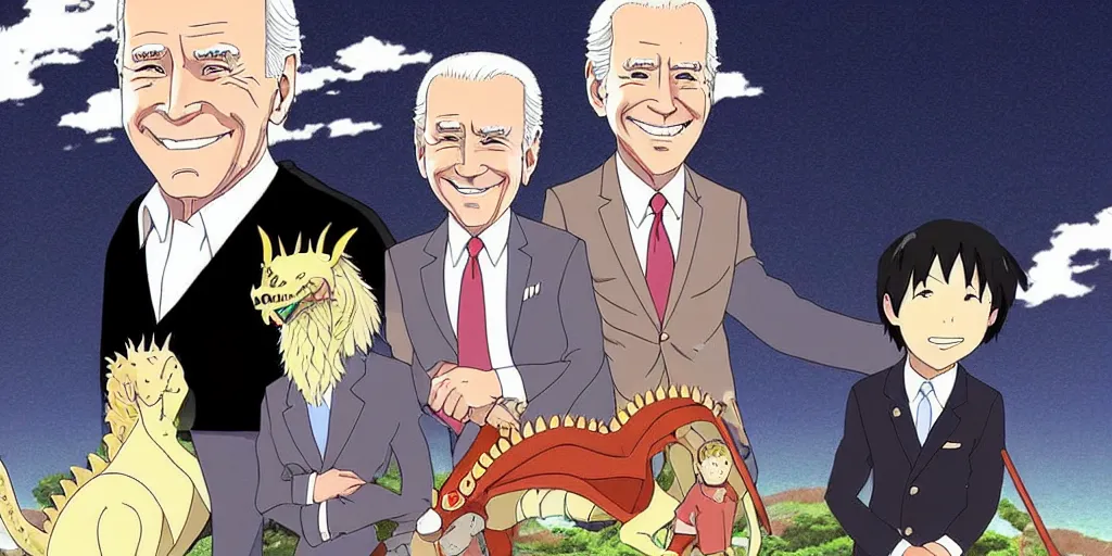 Image similar to joe biden riding a dragon studio ghibli