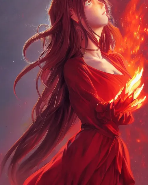 Image similar to red eyed beautiful long haired anime girl, red dress, full body photo, flames everywhere, highly detailed, digital painting, artstation, concept art, smooth, sharp focus, illustration, art by artgerm and greg rutkowski and alphonse mucha