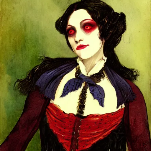 Prompt: head and shoulder portrait of a victorian female vampire, painted by bloodborne, vibrant colors, vampire fashion