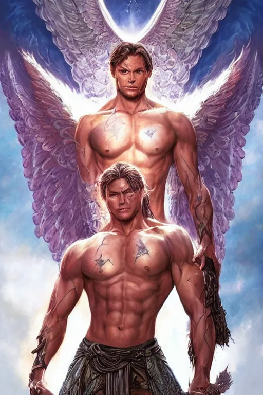 Image similar to muscular Sam Winchester as an angel with religious tattoos on chest and neck, with glowing runes on the body, urban fantasy book cover style, D&D dark fantasy style, sharp focus, ultra detailed, art by Artgerm and Peter Andrew Jones, Karol Bak, Ayami Kojima, Amano and Olivier Ledroit