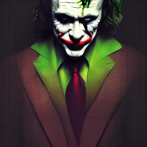 Image similar to Portrait of Vladimir Putin as the Joker DC comic, amazing splashscreen artwork, splash art, head slightly tilted, natural light, elegant, intricate, fantasy, atmospheric lighting, cinematic, matte painting