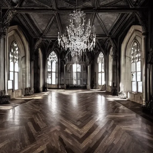 Image similar to large gothic hall with large chandeliers under the ceiling, horror movie, moonlight, elephant in the room