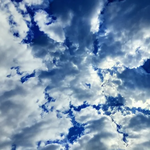 Image similar to a photo of the sky, there are puffy clouds and prismatic cracks crisscrossing the sky