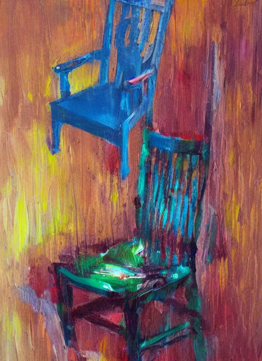 Prompt: chair, fresh oil paint, messy artwork, depth