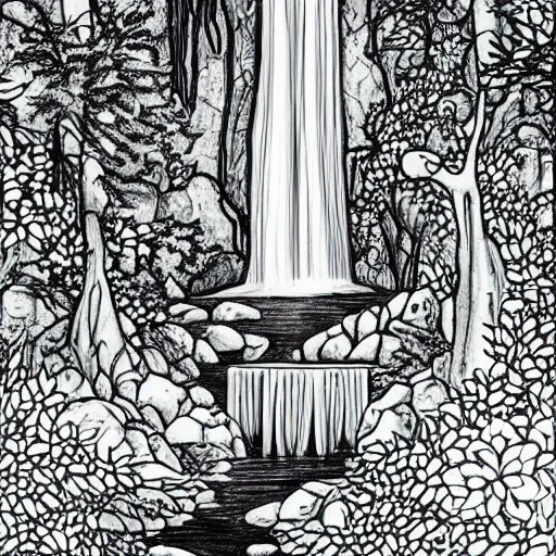 Image similar to a grayscale adult coloring page of a waterfall in the enchanted forest