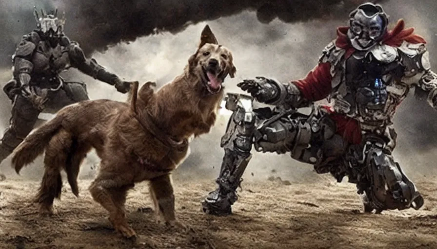 Image similar to a big budget movie about a heroic cyborg dog soldier in an epic battle