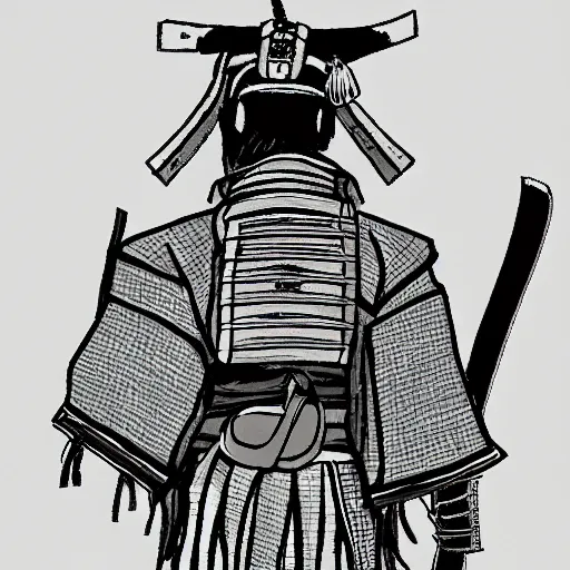 Image similar to A FULL BODY PORTRAIT FROM BEHIND OF A SAMURAI WITH 2 KATANAS , concept art,HIGHLY DETAILED ink style , sketch