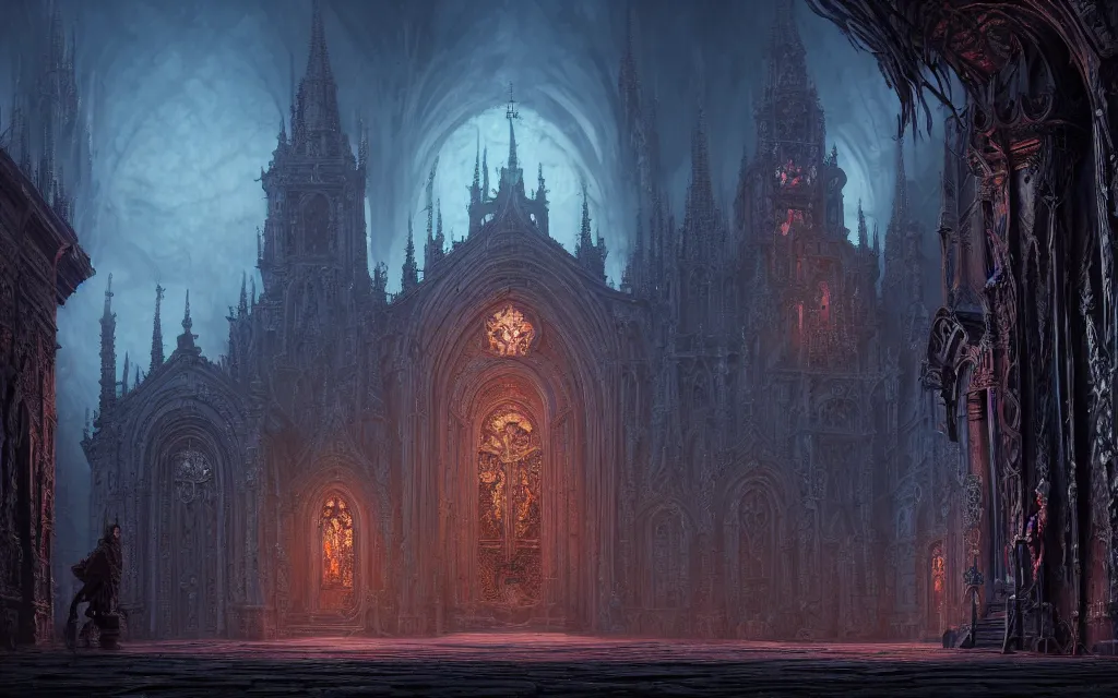 Prompt: center view of an extremely detailed render of hooded necromancer in front of a lovecraft church portal, intricate architecture, baroque detailed, unreal engine realistic render, 8 k, micro detail, design by android jones and greg rutkowski, gaston bussiere, craig mullins, synthwave color scheme, cinematic lighting, trending on artstation, vivid colors