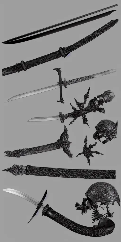 Image similar to long sword, black skeleton sword guard, orthographic. studio lighting, photorealistic