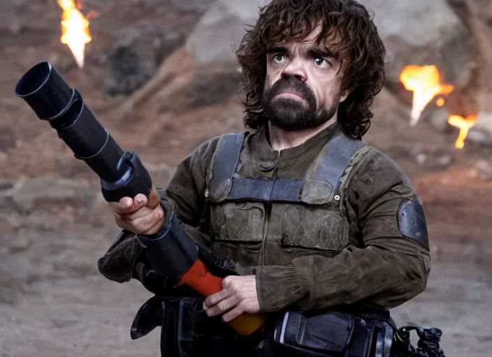 Prompt: peter dinklage holding a rocket launcher, movie still, from the new commando movie, 8 k, realistic