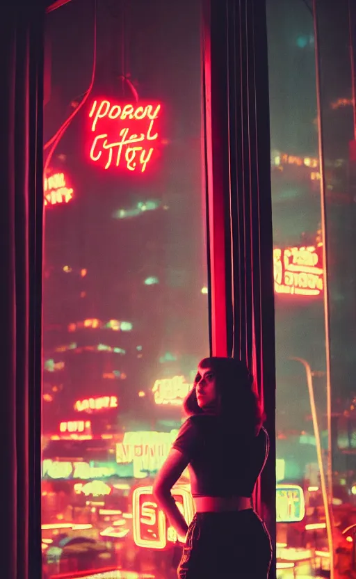 Image similar to vertical movie frame portrait of girl in 5 0's retro restaurant interior, neon - decorated urban on night in the city seen through the window, modern interior design, architectural design, vintage, night blade runner, dark, postapocalyptic, clean lines, 4 k, octane, asian futuristic city at distance, big windows, octane, wide angle