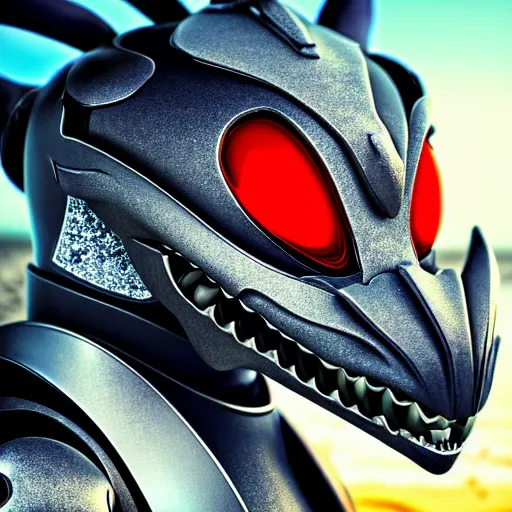 Image similar to close up maw shot, headshot, of a cute stunning robot anthropomorphic female dragon, with sleek silver armor, a black OLED visor over the eyes, looking at the camera, her warm dragon maw open in front of the camera, camera looking down into the maw, about to consume the camera, on the beach at sunset, highly detailed digital art, furry art, anthro art, sci fi, warframe art, destiny art, high quality, 3D realistic, mawshot, Furaffinity, Deviantart