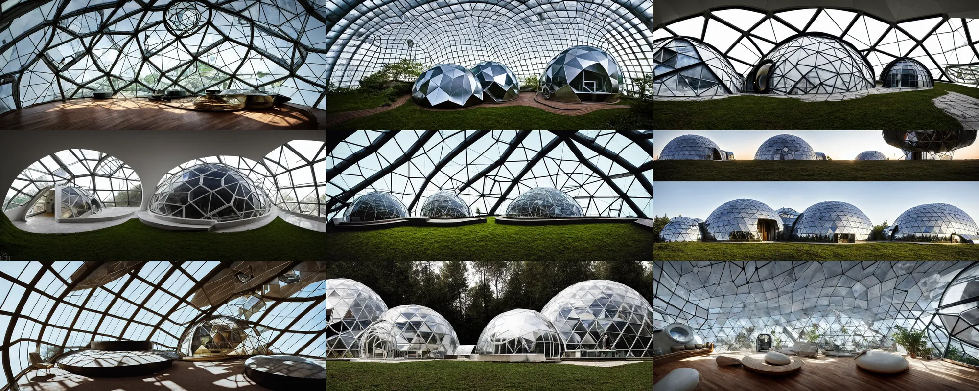 Prompt: dome house by kristoffer tejlgaard, syd mead, buckminster fuller, zaha hadid, concept house, earthship, parametric, maths, underground, optimus sun orientation in north hemisphere, geodesic architecture, biodome, domespace