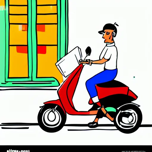 drawn cartoon of a delivery driver on moped delivering | Stable Diffusion |  OpenArt