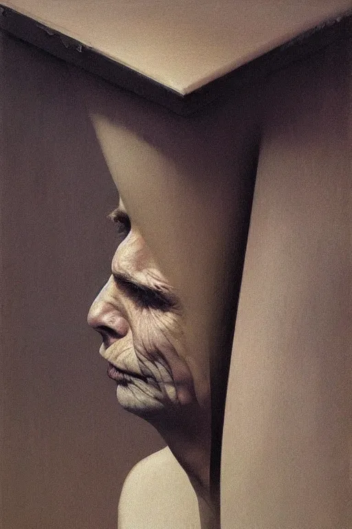 Image similar to a man wearing a trash bin through her head Edward Hopper and James Gilleard, Zdzislaw Beksinski highly detailed