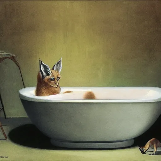 Prompt: cute caracal in bathtub, extremely detailed masterpiece, oil on canvas, low-key neon lighting, artstation, Blade Runner 2049, Roger Deakin’s cinematography, by J. C. Leyendecker and Peter Paul Rubens and Edward Hopper and Michael Sowa