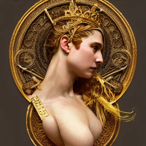 Image similar to portrait of Ex Machina as a greek goddess, marble statue, greek mythology, gold crown and filaments, intricate, headshot, highly detailed, digital painting, artstation, concept art, sharp focus, cinematic lighting, illustration, art by artgerm and greg rutkowski, alphonse mucha, cgsociety