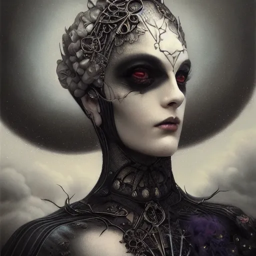 Image similar to By Tom Bagshaw, ultra realist soft painting of curiosities carnival by night, very beautiful cultist full bodysuit radiant blades, symmetry accurate features, very intricate details, ominous sky, black and white, volumetric light clouds