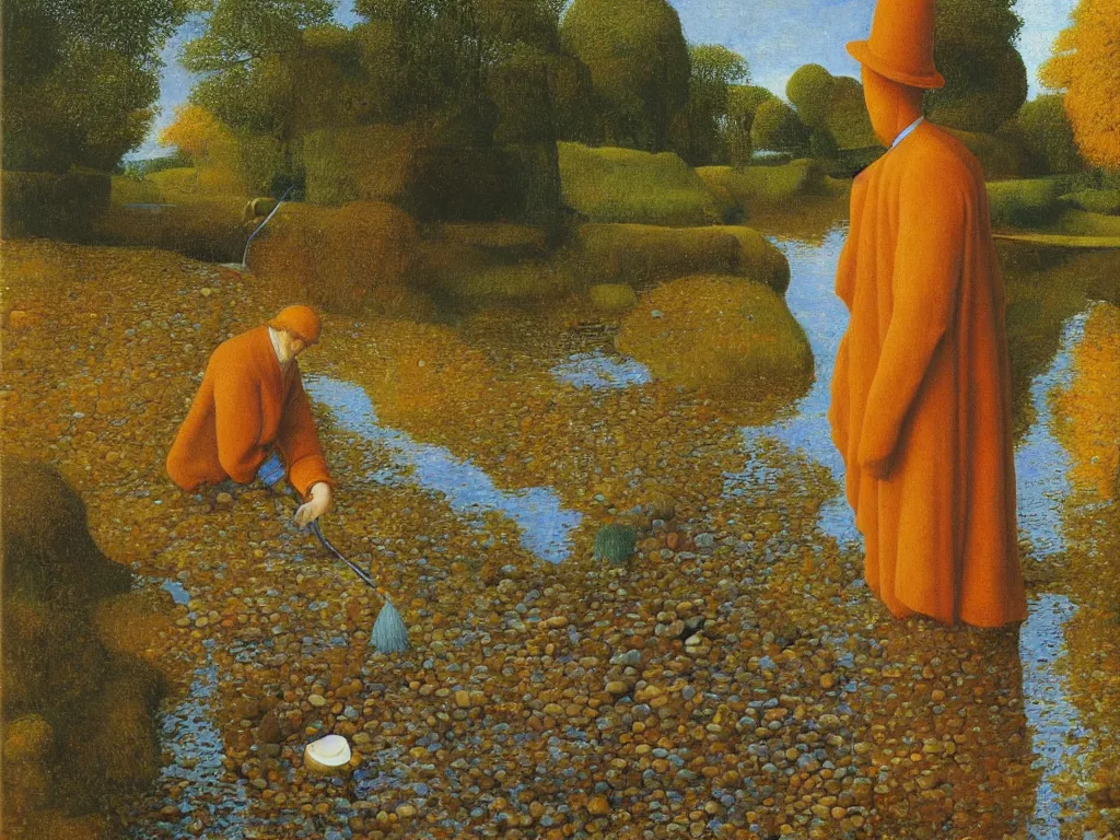 Prompt: Portrait of a painter washing his brush in a river. Humanoid rocks, coral-like pebbles, autumn light. Painting by Jan van Eyck, Rene Magritte, Jean Delville, Max Ernst