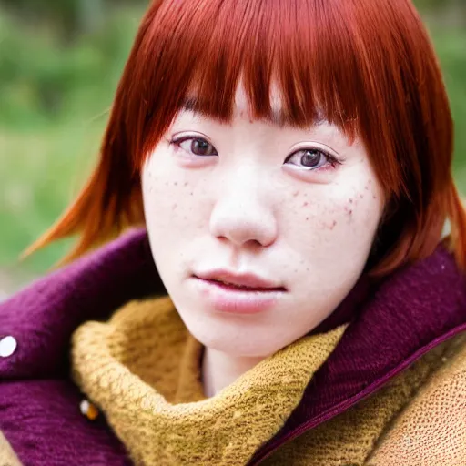 Prompt: a cottagecore photoshoot of mahiru koizumi, a japanese young woman with a freckled face and green eyes, beautiful redhead with a bowl cut holding her camera, 8 5 mm portrait photography