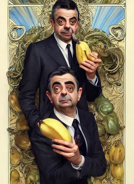 Image similar to Rowan Atkinson as cross eyed Mister Bean holding a banana, intricate, elegant, highly detailed, centered, digital painting, artstation, concept art, smooth, sharp focus, illustration, art by artgerm and donato giancola and alphonse mucha