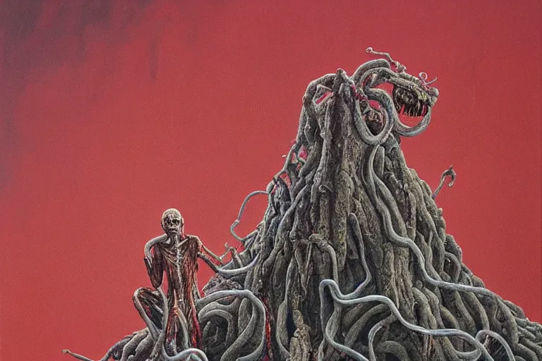 Prompt: Haunting horrifying hyperrealistic detailed painting of a tall pale man sitting atop a mountain of snakes in a foggy hellscape with spread out pools of crimson red gelatinous liquid and goop, eyeballs bulging, sparks of fire flying, dystopian feel, heavy metal, disgusting, creepy, unsettling, in the style of Michael Whelan and Zdzisław Beksiński, lovecraftian, hyper detailed, trending on Artstation