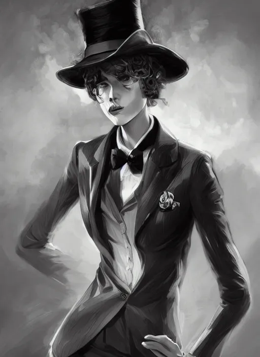 Image similar to a highly detailed illustration of curly short haired girl wearing noir hat and suit and tie, dramatic smiling pose, intricate, elegant, highly detailed, centered, digital painting, artstation, concept art, smooth, sharp focus, league of legends concept art, WLOP