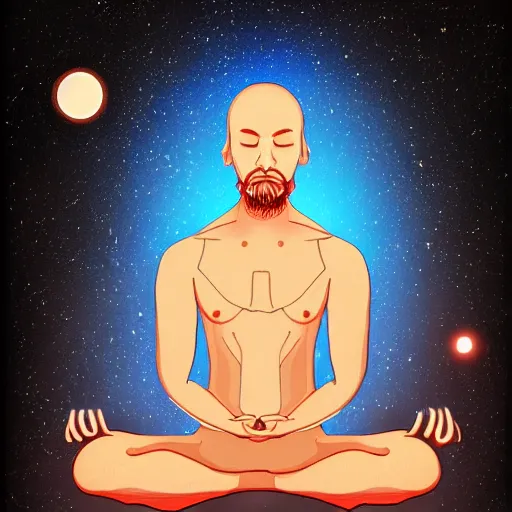 Image similar to a man in a deep meditative state become one with the universe, digital art, illustration