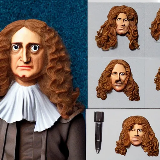 Image similar to 1 7 th century isaac newton wearing a wig stop motion vinyl action figure, plastic, toy, butcher billy style