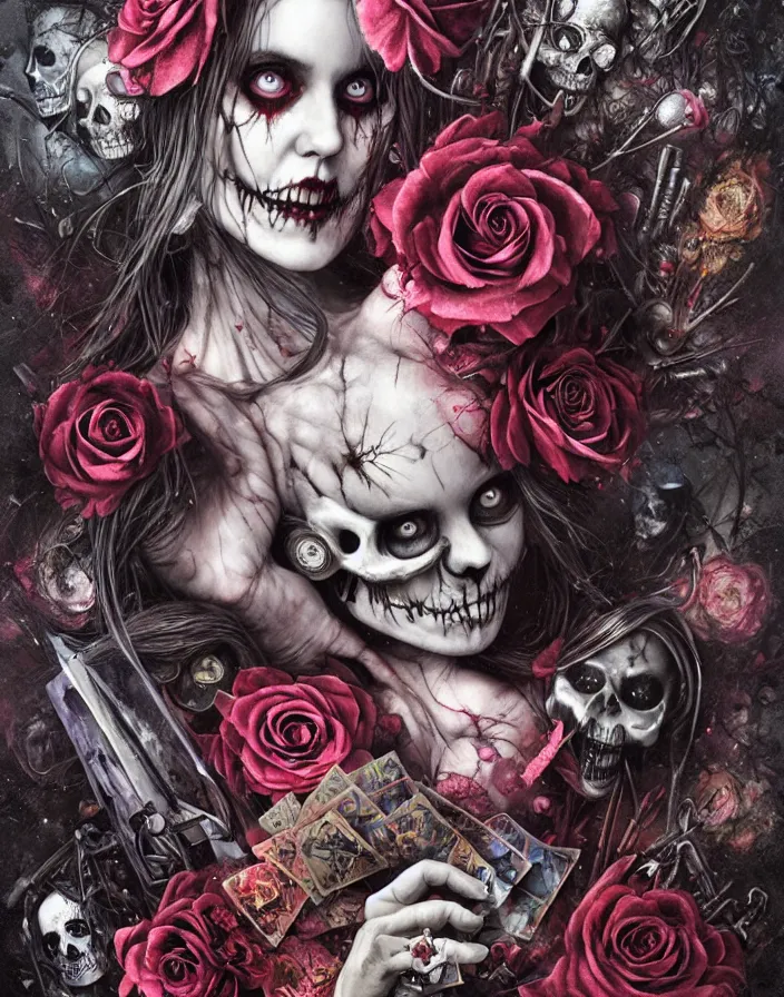 Image similar to Alice in Wonderland,roses, bullets, guns,death tarot card,highly detailed,half skull face,cinematic,8k,by Stanley Artgermm,Tom Bagshaw,Greg Rutkowski,Carne Griffiths, Ayami Kojima, Beksinski, Giger,trending on DeviantArt,hyper detailed,horror, full of colour