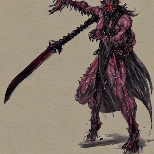 Image similar to a demonic creature with a sword in his hand, concept art by Kishi Ganku, featured on pixiv, shock art, apocalypse art, official art, cosmic horror