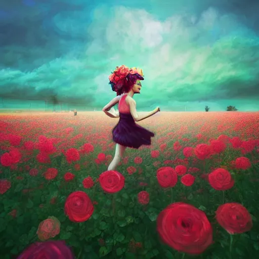 Image similar to giant rose flower head, full body girl running through a flower field, surreal photography, sunrise, dramatic light, impressionist painting, colorful clouds, digital painting, artstation, simon stalenhag