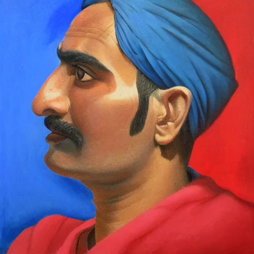 Prompt: profile portrait in punjabi realist style ( 1 9 5 4 ), ultramarine blue, venetian red, titanium white, modeled lighting, detailed, expressive, shadows