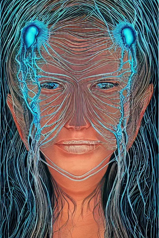 Image similar to dark underwater portrait of a Bioluminescent woman, with reaction diffusion semi-transparent skin. face closeup. long intricate dark hair, with jellyfish. very high detail, illustration, by alex grey