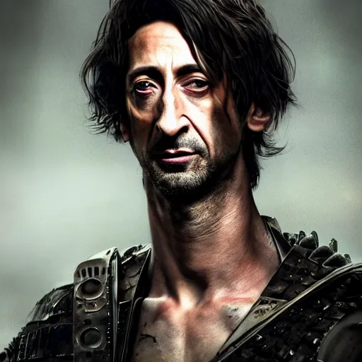 Image similar to adrien brody portrait, dystopia core, apocalyptic, armor, warrior, dramatic, sharp focus, fiction, neon, fantasy, hyper detailed, digital art, trending in artstation, cinematic lighting, studio quality, smooth render, unreal engine 5 rendered, octane rendered, art style and nixeu and wlop and krenz cushart